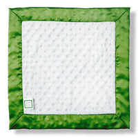 Personalized baby lovey blanket in white plush dots with bright green satin trim