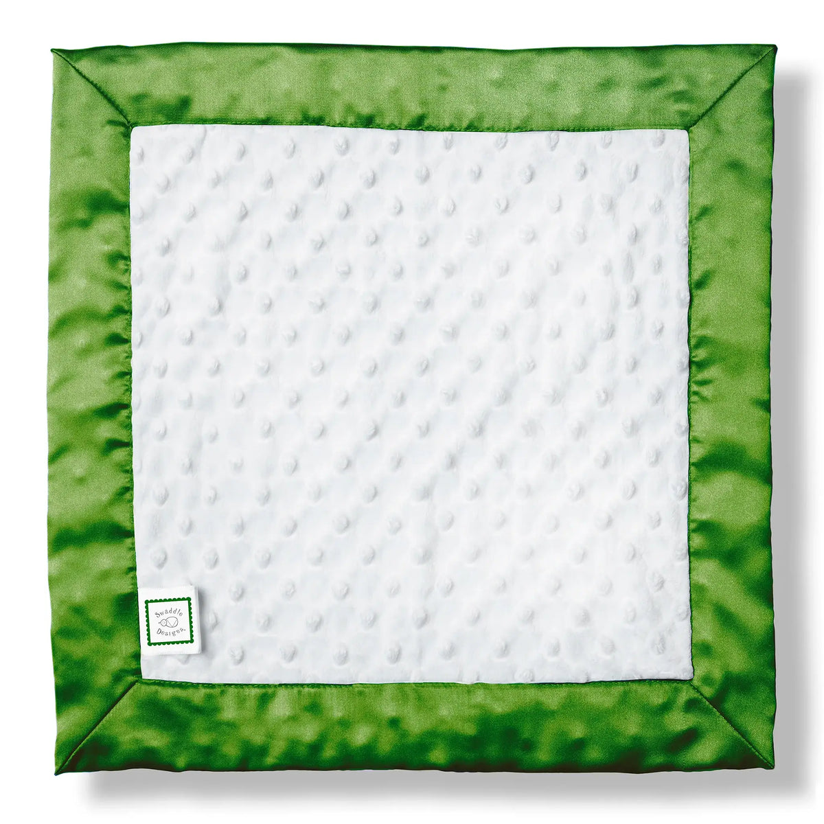 Personalized baby lovey blanket in white plush dots with bright green satin trim