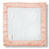 Personalized baby lovey blanket in white plush dots with peach blush satin trim