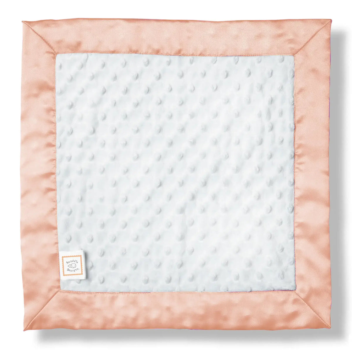 Personalized baby lovey blanket in white plush dots with peach blush satin trim