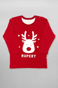 Personalized red Christmas t-shirt with reindeer design for baby and toddler