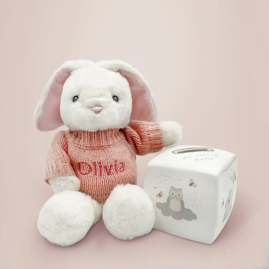 Personalized pink eco bunny in pink knitted jumper with bone china money box keepsake gift set for baby girls, presented in an illustrated gift box with satin ribbon