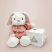 Personalized pink eco bunny in pink knitted jumper with bone china money box keepsake gift set for baby girls, presented in an illustrated gift box with satin ribbon