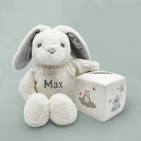 Personalized grey eco bunny in white knitted jumper with bone china money box keepsake gender neutral baby gift set, presented in an illustrated gift box with satin ribbon