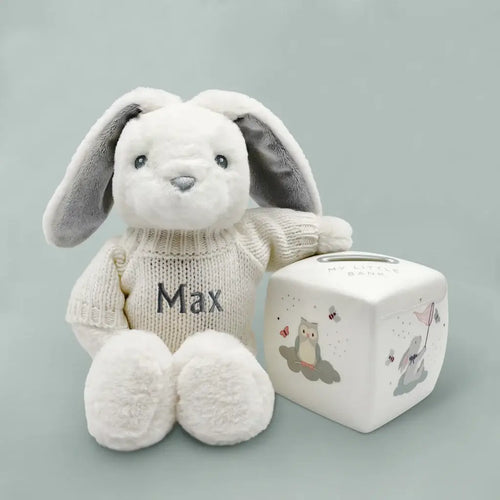 Personalized grey eco bunny in white knitted jumper with bone china money box keepsake gender neutral baby gift set, presented in an illustrated gift box with satin ribbon