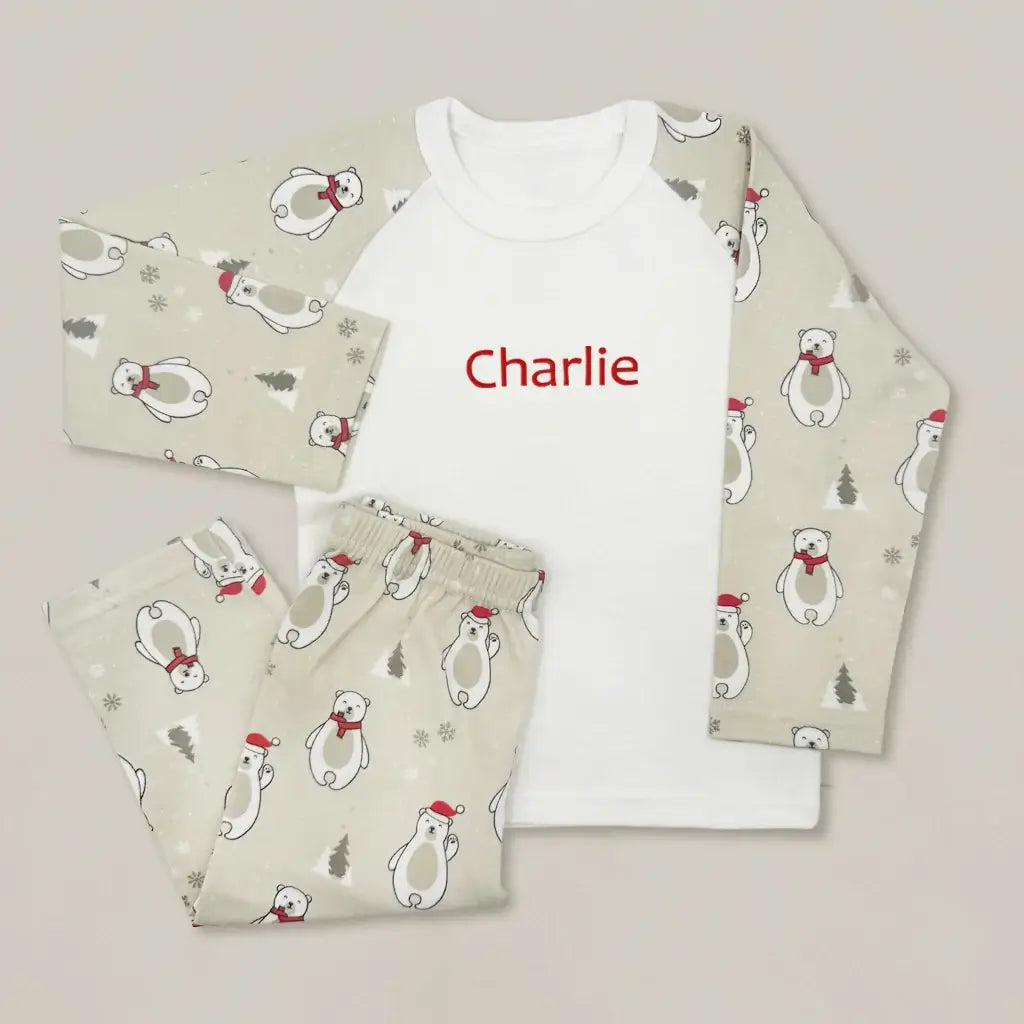Polar bear print baby pajamas with long-sleeved top and matching bottoms