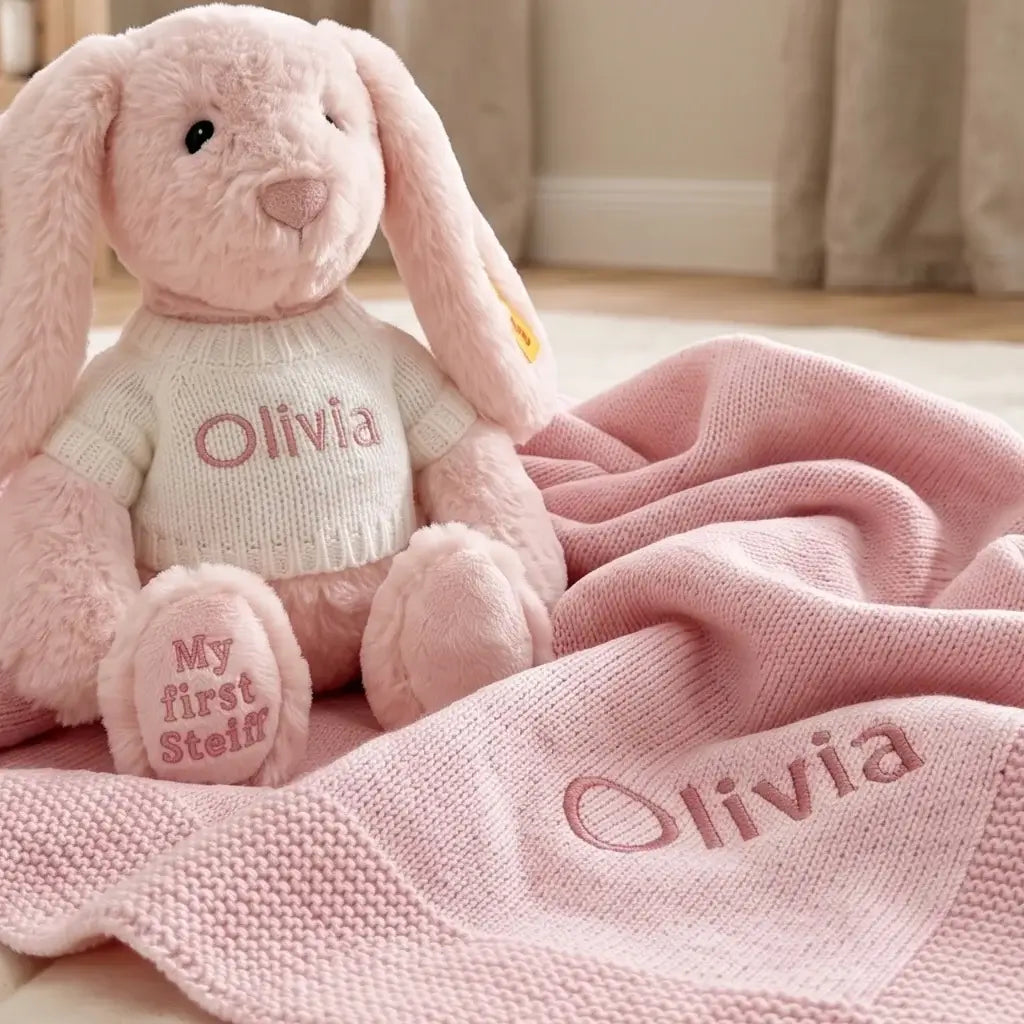 Personalized Steiff Hoppie Rabbit & Knitted Blanket Set — Pink