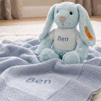Personalized Steiff Hoppie Rabbit & Knitted Blanket Set — Blue
