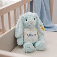 Personalized Steiff Hoppie Rabbit & Knitted Blanket Set — Blue