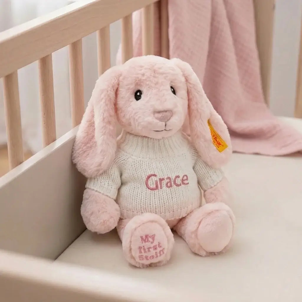 Personalized Steiff Hoppie Rabbit & Knitted Blanket Set — Pink