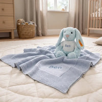 Personalized Steiff Hoppie Rabbit & Knitted Blanket Set — Blue