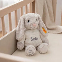 Personalized Steiff Hoppie Rabbit & Knitted Blanket Set — Grey