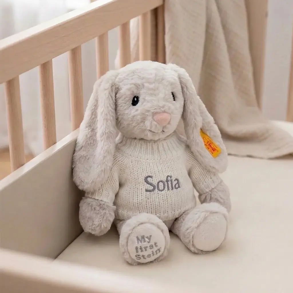 Personalized Steiff Hoppie Rabbit & Knitted Blanket Set — Grey