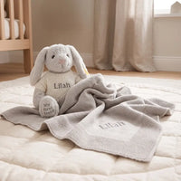 Personalized Steiff Hoppie Rabbit & Knitted Blanket Set — Grey