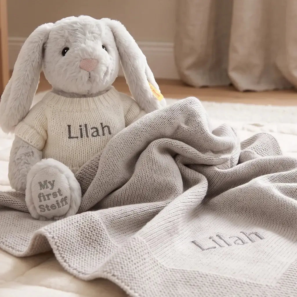 Personalized Steiff Hoppie Rabbit & Knitted Blanket Set — Grey