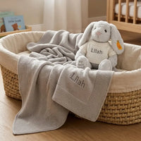 Personalized Steiff Hoppie Rabbit & Knitted Blanket Set — Grey