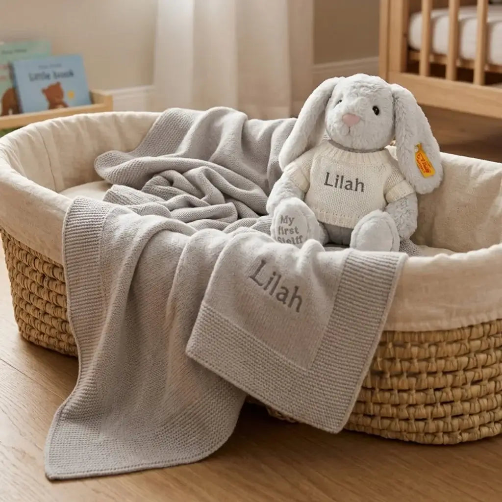Personalized Steiff Hoppie Rabbit & Knitted Blanket Set — Grey