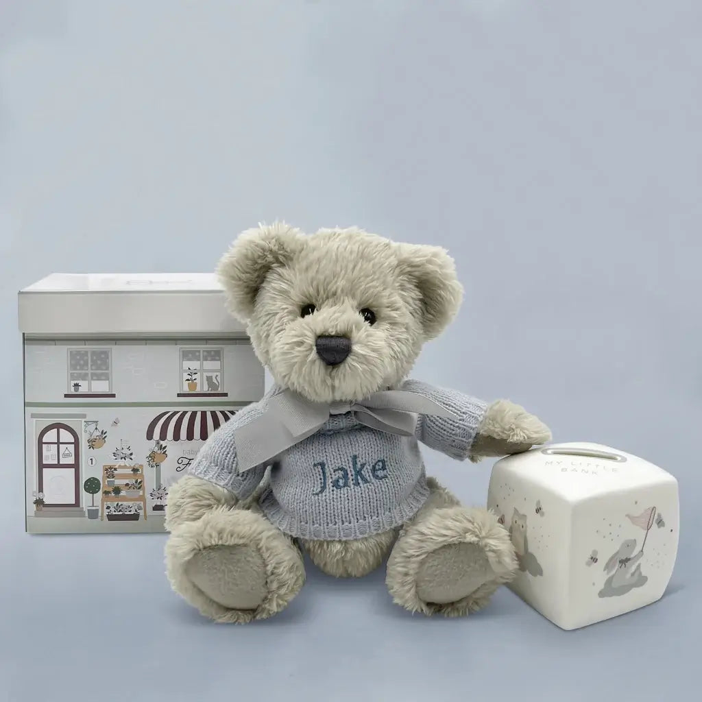 Teddy Bear & China Money Box Keepsake Gift Set for Baby Boys