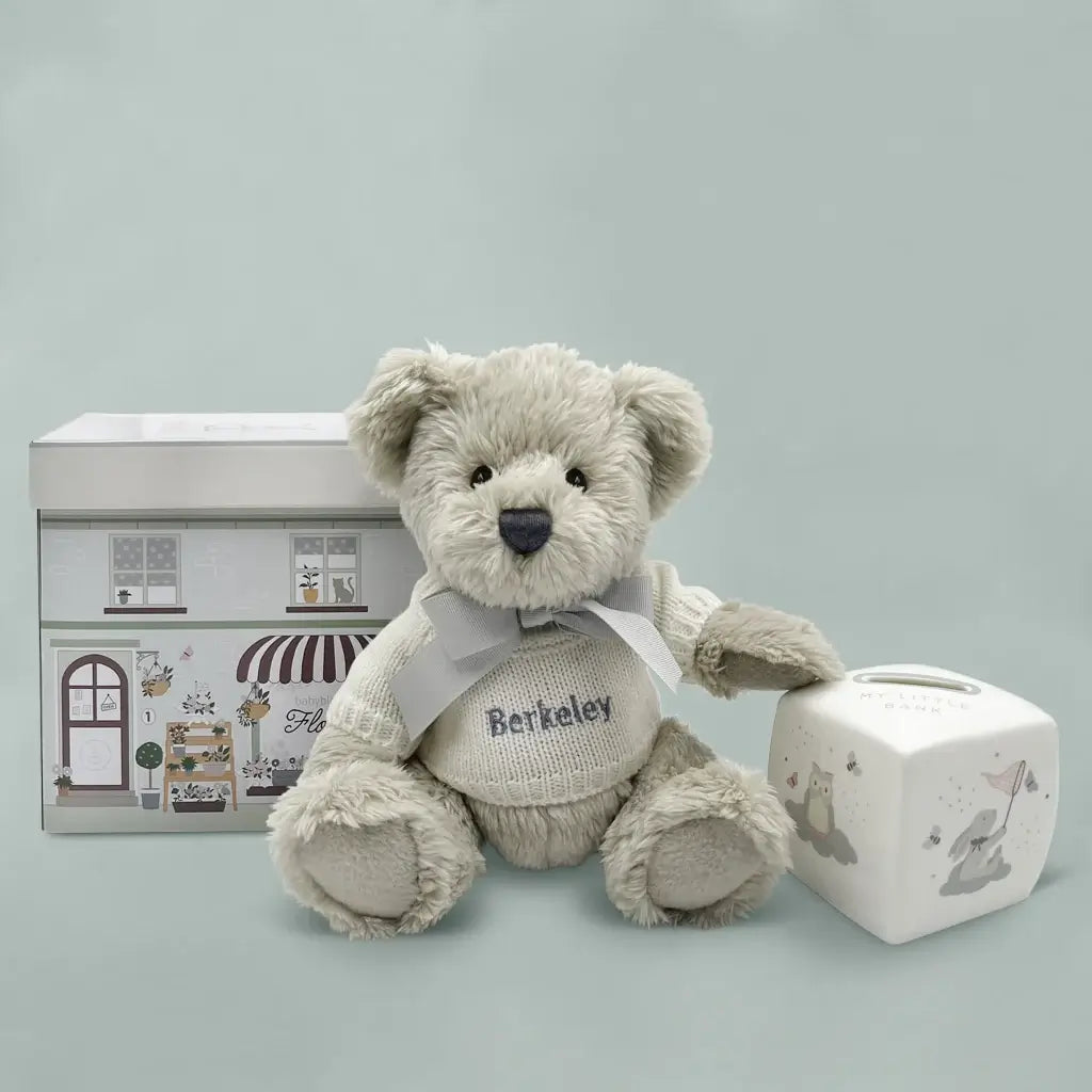 Teddy Bear & China Money Box Keepsake Gift Set — Gender Neutral Baby Gift