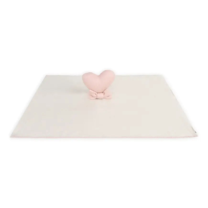 Pink heart organic cotton lovey security blanket in a soft sweater knit, a baby girl gift - flat-layout
