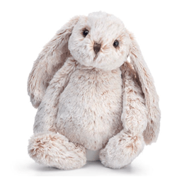 A floppy-earred plush bunny stuffed animal in a soft cream and light beige color, sitting against a plain white background.