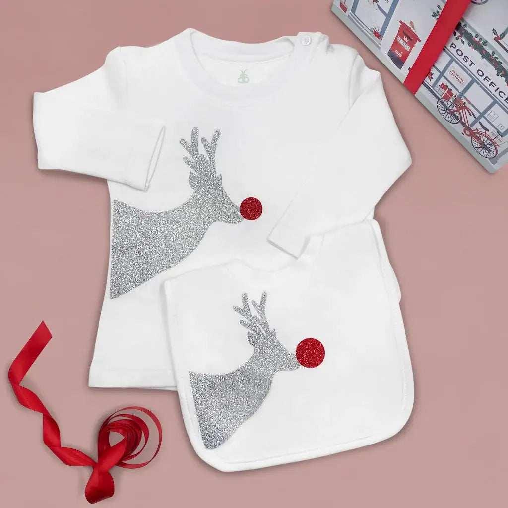 White long-sleeved Christmas t-shirt and matching bib with sparkly reindeer design