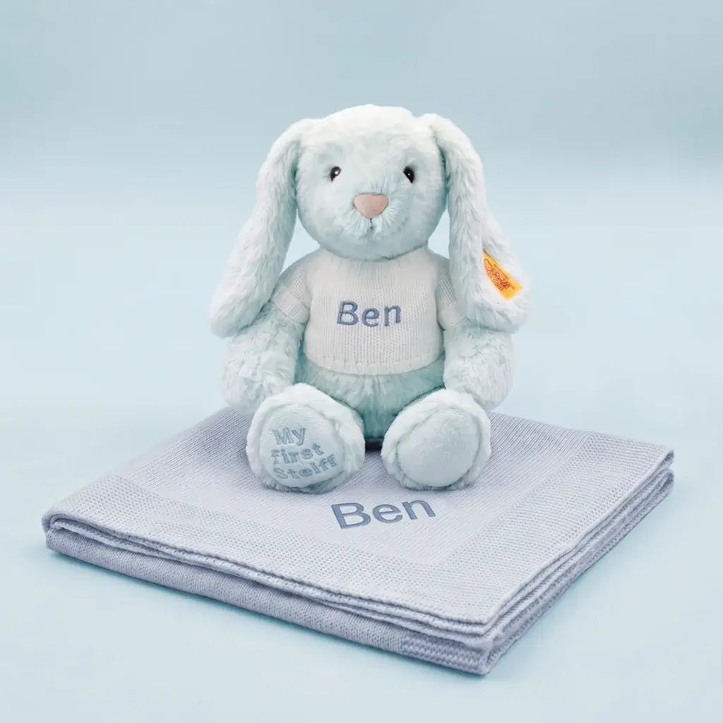 Personalized Steiff Hoppie Rabbit blue knitted blanket gift set in illustrated gift box