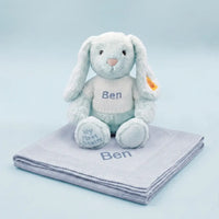 Personalized Steiff Hoppie Rabbit blue knitted blanket gift set in illustrated gift box