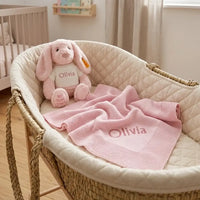 Personalized Steiff Hoppie Rabbit & Knitted Blanket Set — Pink
