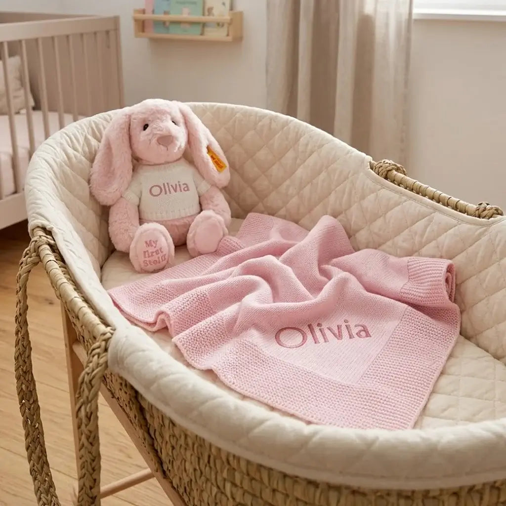 Personalized Steiff Hoppie Rabbit & Knitted Blanket Set — Pink