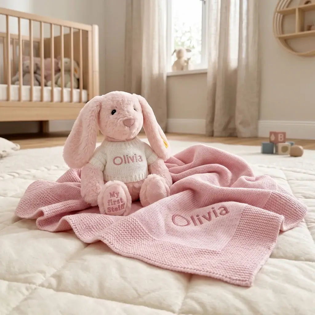 Personalized Steiff Hoppie Rabbit & Knitted Blanket Set — Pink