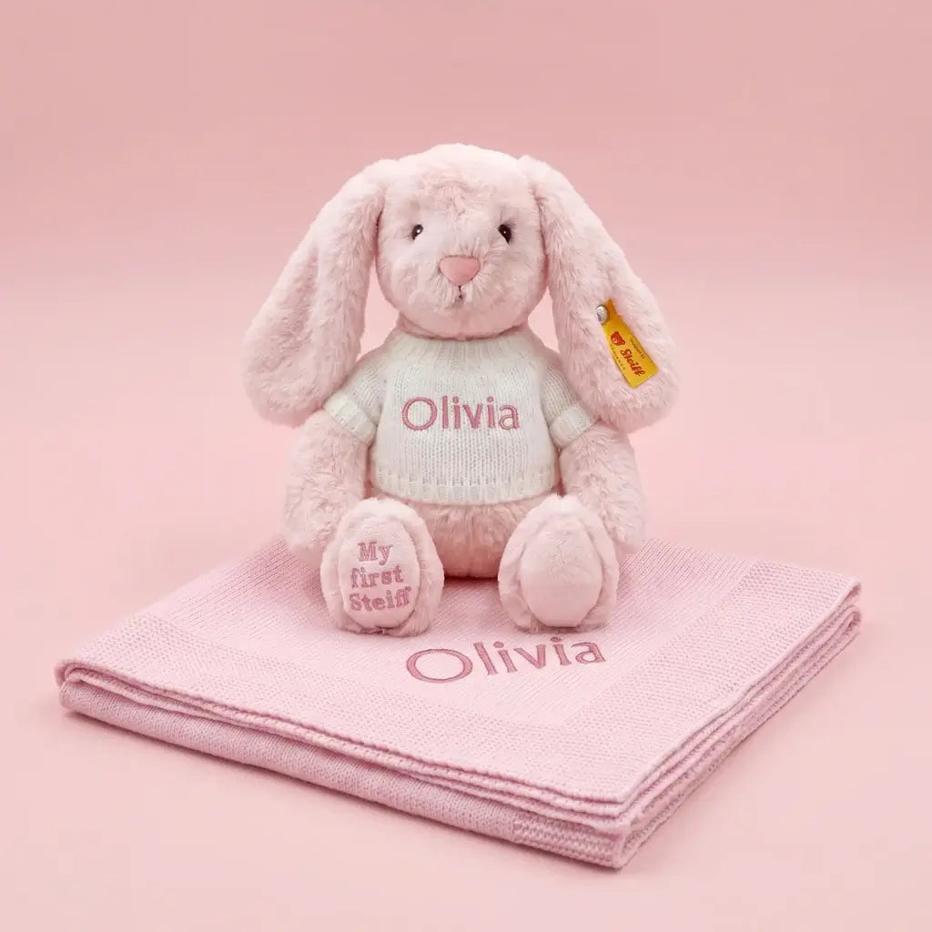 Personalized Steiff Hoppie Rabbit pink knitted blanket gift set in illustrated gift box