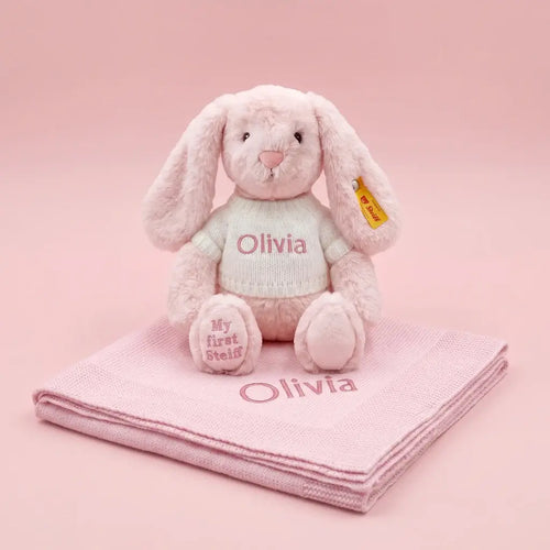 Personalized Steiff Hoppie Rabbit pink knitted blanket gift set in illustrated gift box
