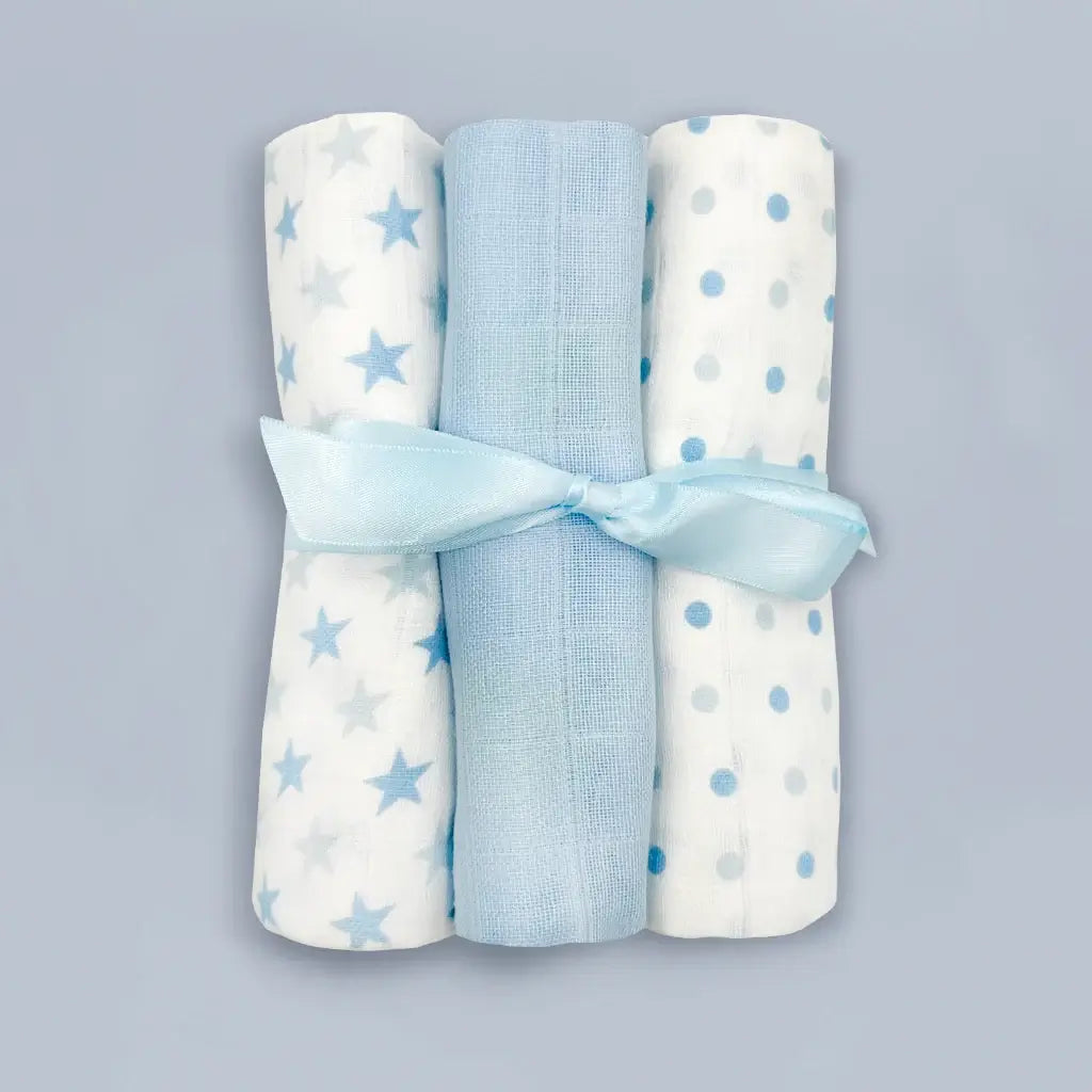 My First Steiff Teddy Bear, Blue Knitted Blanket & Muslin Gift Set