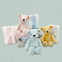 My First Steiff Teddy Bear, Blue Knitted Blanket & Muslin Gift Set
