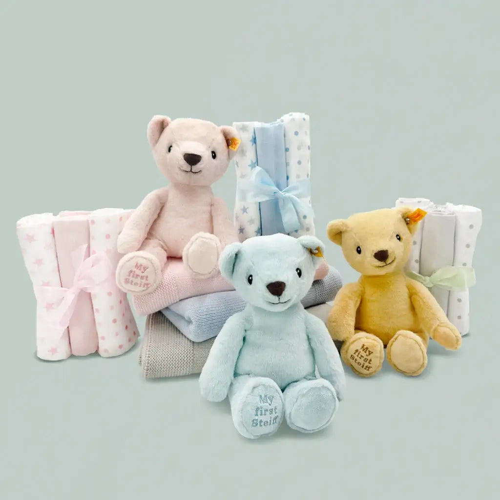My First Steiff Teddy Bear, Blue Knitted Blanket & Muslin Gift Set