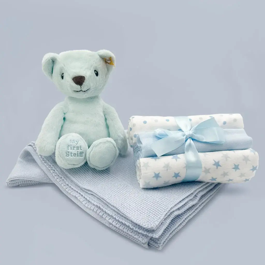My First Steiff teddy bear blue knitted baby blanket and muslin gift set in illustrated gift box