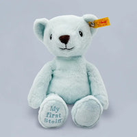 My First Steiff Teddy Bear, Blue Knitted Blanket & Muslin Gift Set