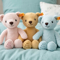 My First Steiff Teddy Bear, Blue Knitted Blanket & Muslin Gift Set