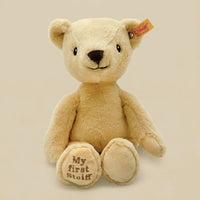 My First Steiff Teddy Bear, Gray Knitted Blanket & Muslin Gift Set