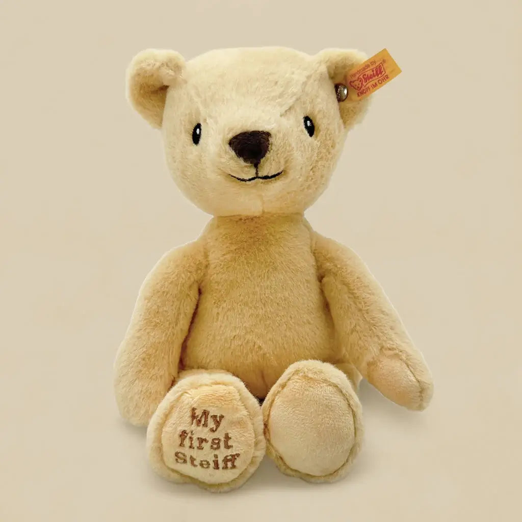 My First Steiff Teddy Bear, Gray Knitted Blanket & Muslin Gift Set
