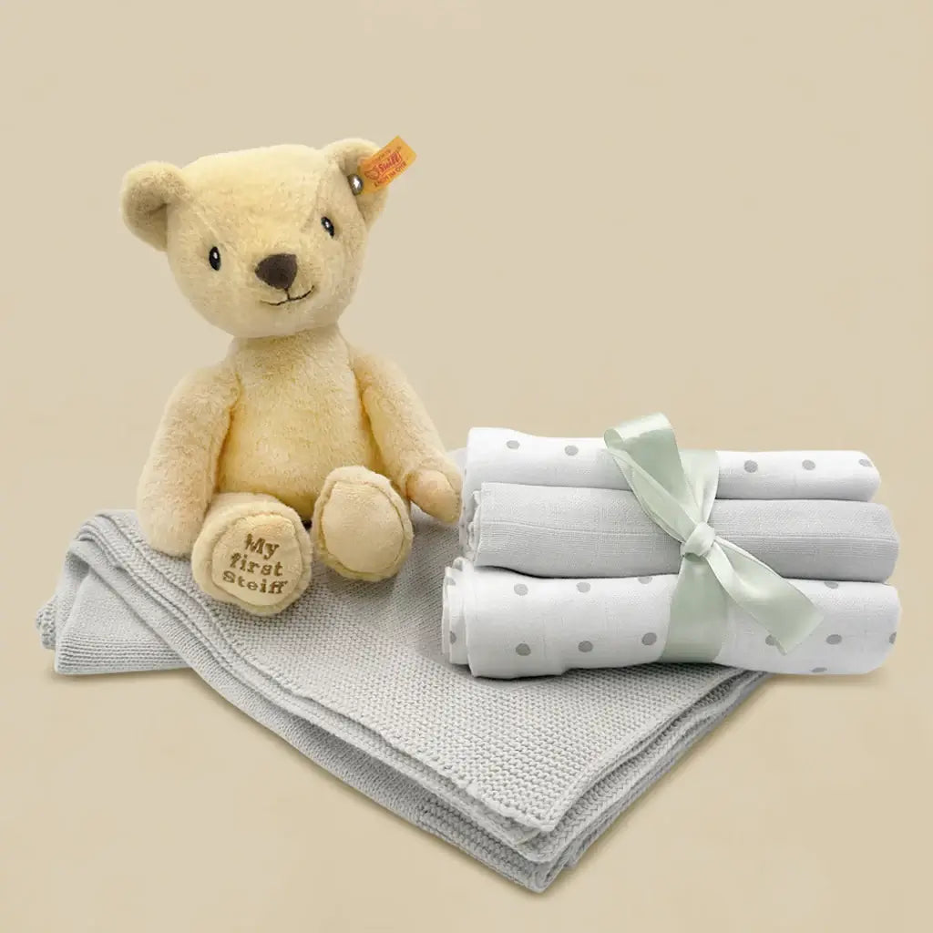 My First Steiff teddy bear gray knitted baby blanket and muslin gift set in illustrated gift box