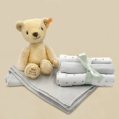 My First Steiff teddy bear gray knitted baby blanket and muslin gift set in illustrated gift box