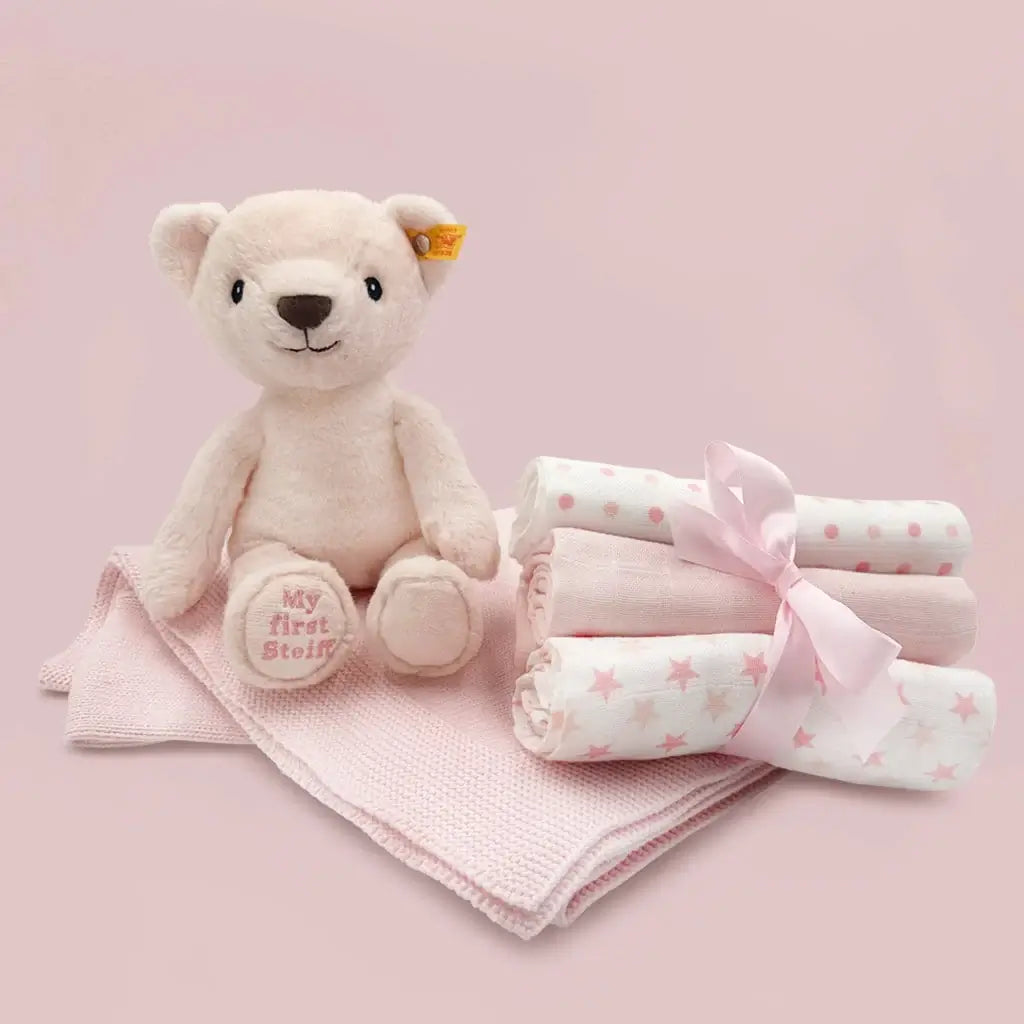 My First Steiff teddy bear pink knitted baby blanket and muslin gift set in illustrated gift box