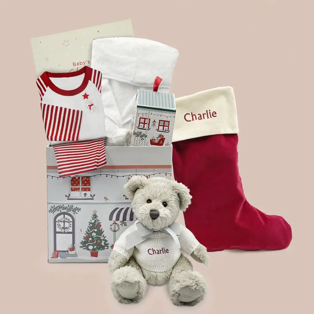 'Twas the Night personalized Christmas Eve box with teddy bear, stocking, bathrobe, striped pajamas, and keepsake journal