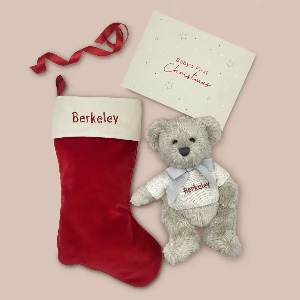 Personalized teddy bear with a personalized Christmas stocking and baby's first Christmas keepsake journal