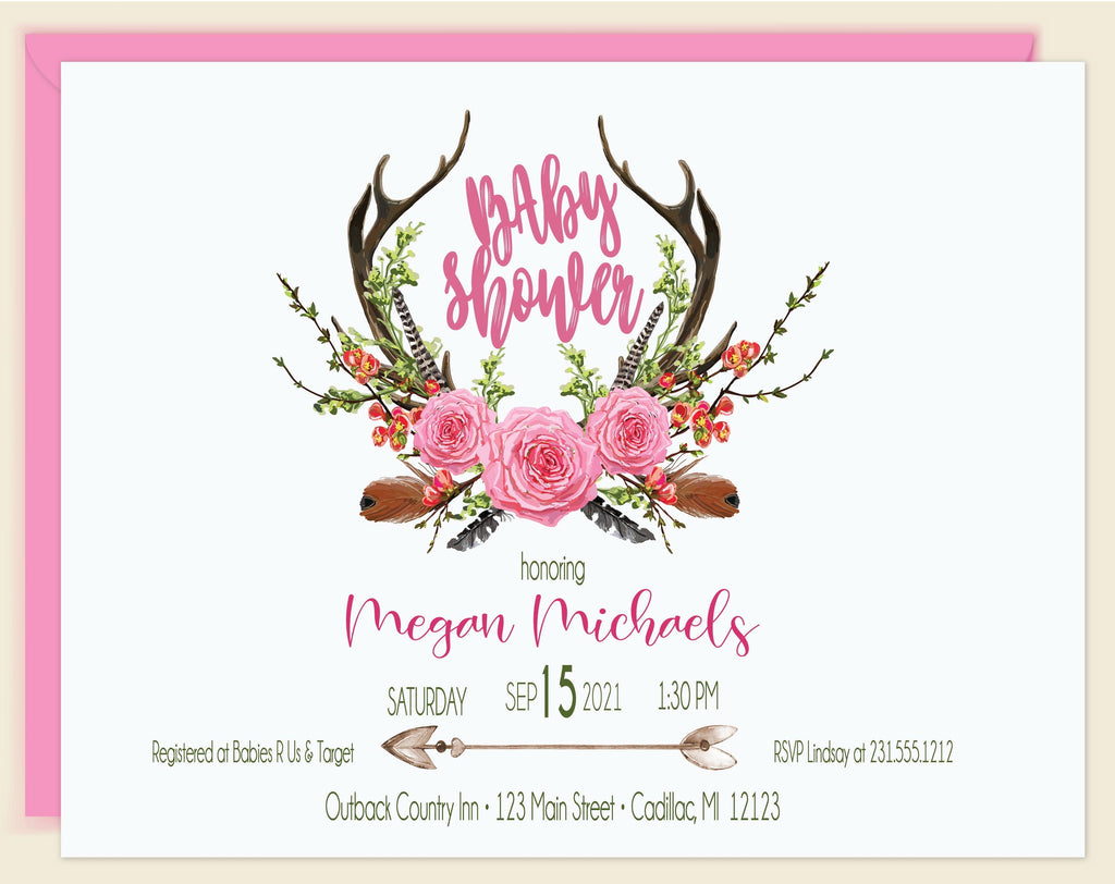 Antlers Boho Baby Shower Invitation 