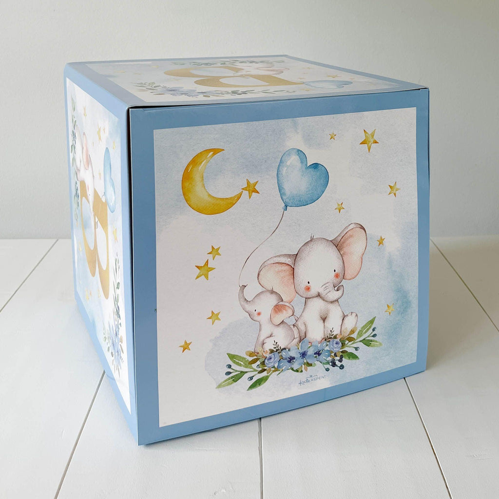 ELEPHANT BABY SHOWER BLOCK BOX - BLUE (SET OF 4)  SKU:  BSF28624BL - StorkBabyGiftBaskets.com