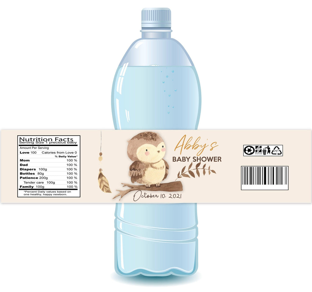 Boho Owlet Baby Shower Water Bottle Labels - StorkBabyGiftBaskets.com