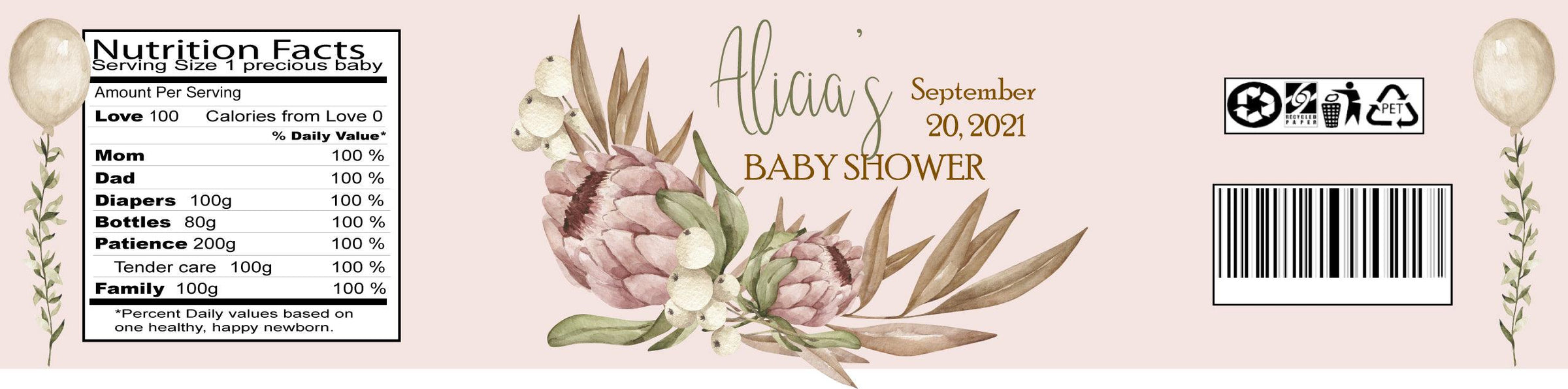 Boho Pink Baby Shower Water Bottle Labels - StorkBabyGiftBaskets.com